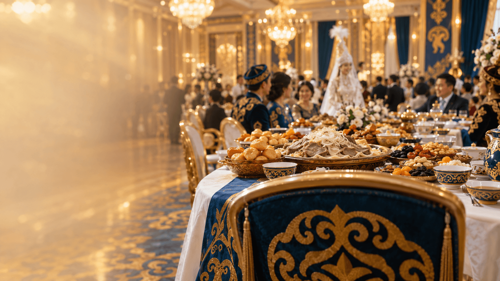 Kazakh wedding toi in a golden banquet hall: a dastarkhan with beshbarmak, baursak and kese bowls, an empty ornamented chair waiting for a guest, and a bride in a saukele behind
