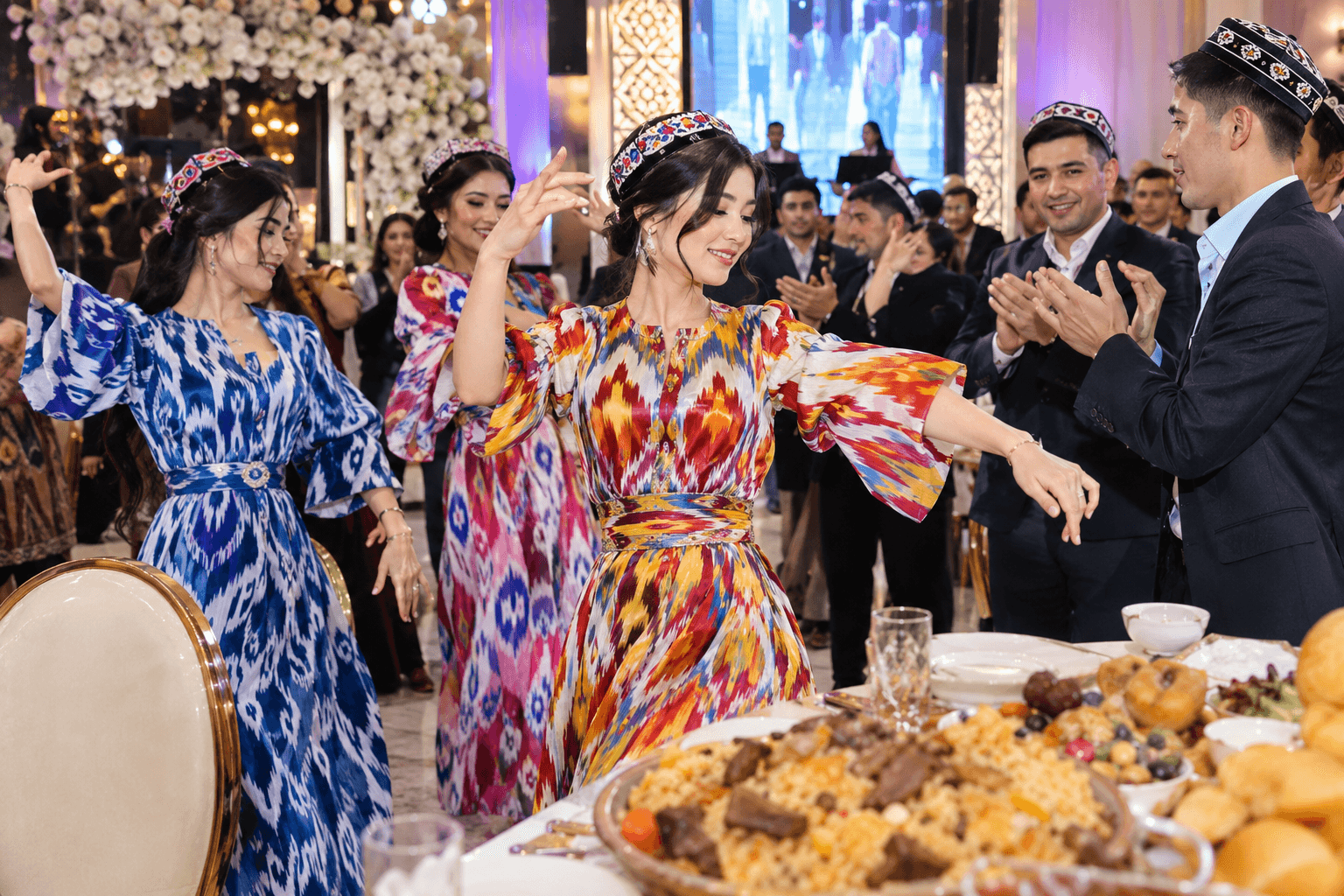 Women in bright ikat atlas dresses and embroidered doppa caps dance at a Uyghur wedding beside a table of plov