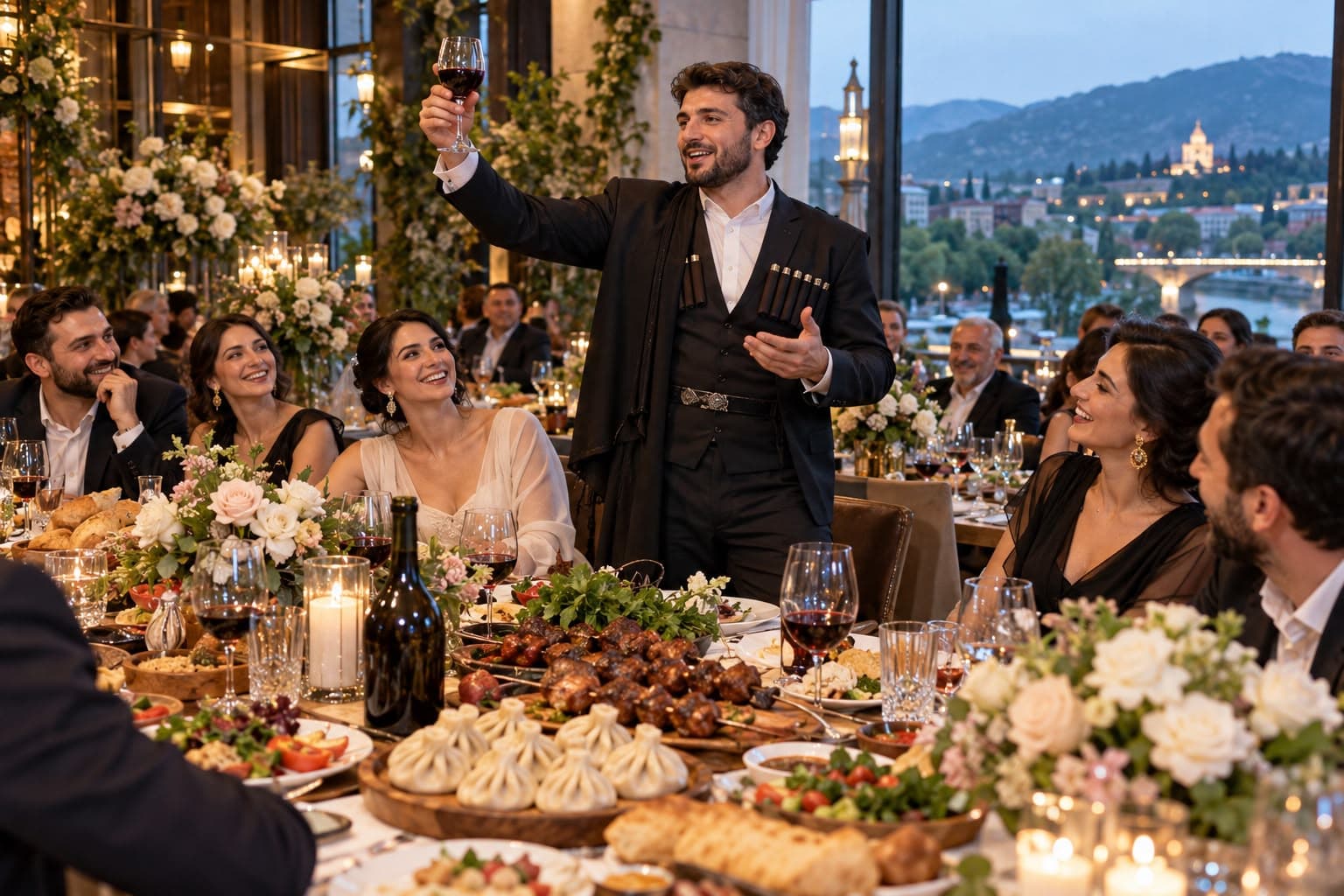 A toastmaster in a Georgian chokha raises a glass of wine over a wedding table of khinkali and grilled meat
